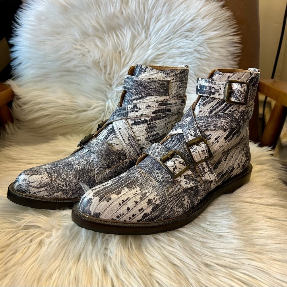 John Fluevog Modvogs Darin Boots Snake Print Leather Buckle Booties - Picture 7 of 13